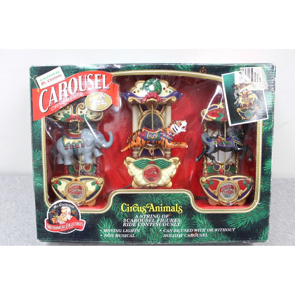 Mr. Christmas Set Of 3 Carousel Ornaments Riding Circus Animals Moving Light NOB